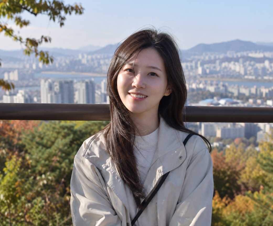 난간이 인물의 목을 관통해 보이는 배경 겹침 촬영 예제