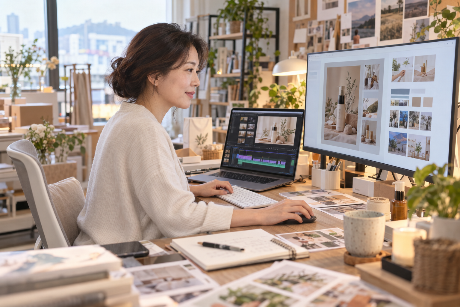 AI를 활용해 이미지와 영상, 소개 페이지 콘텐츠를 제작하는 여성 창작자의 실제 작업 장면